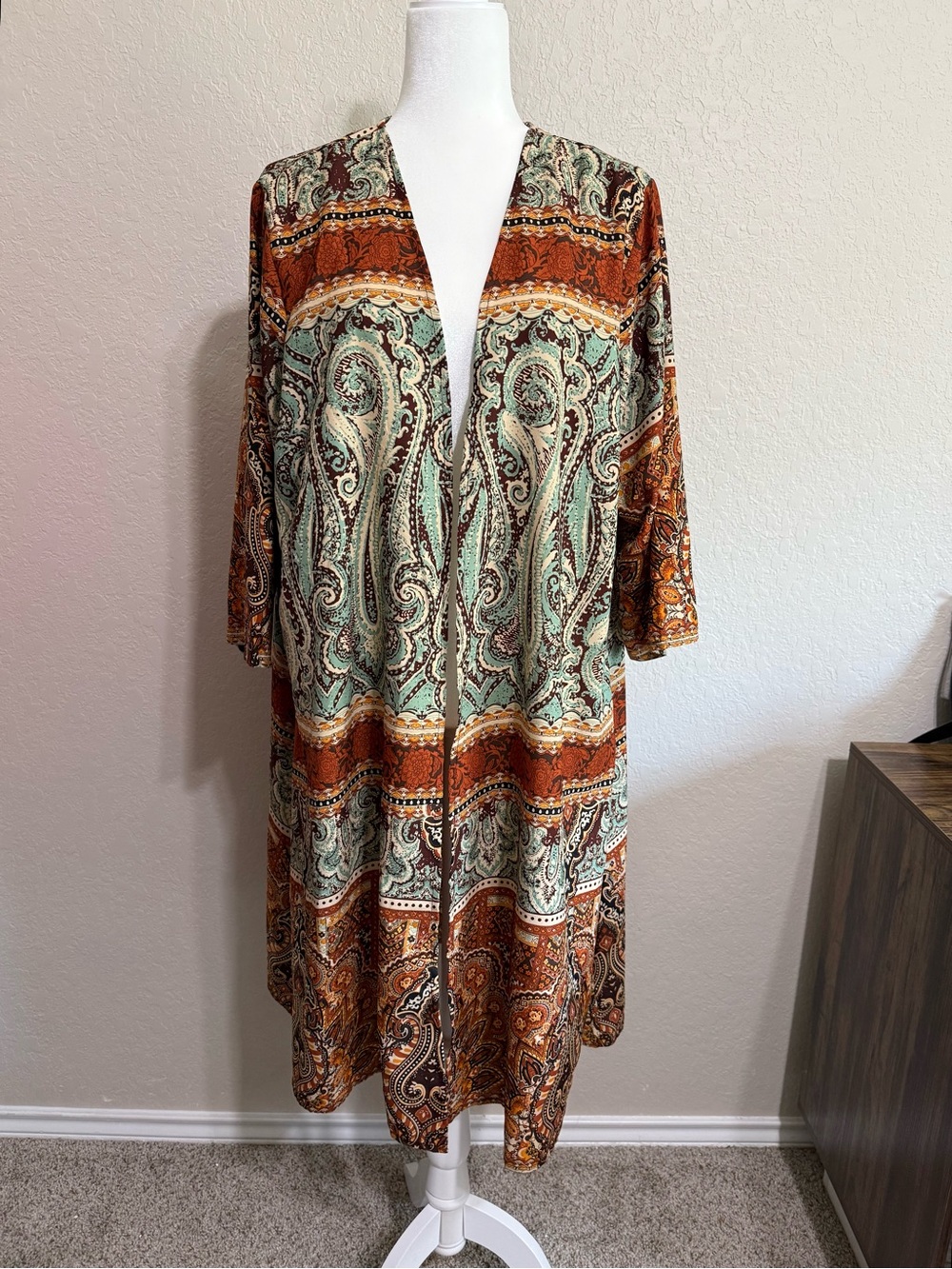 Tantrums Brown, Orange, and Turquoise Boho Paisley Kimono - XL